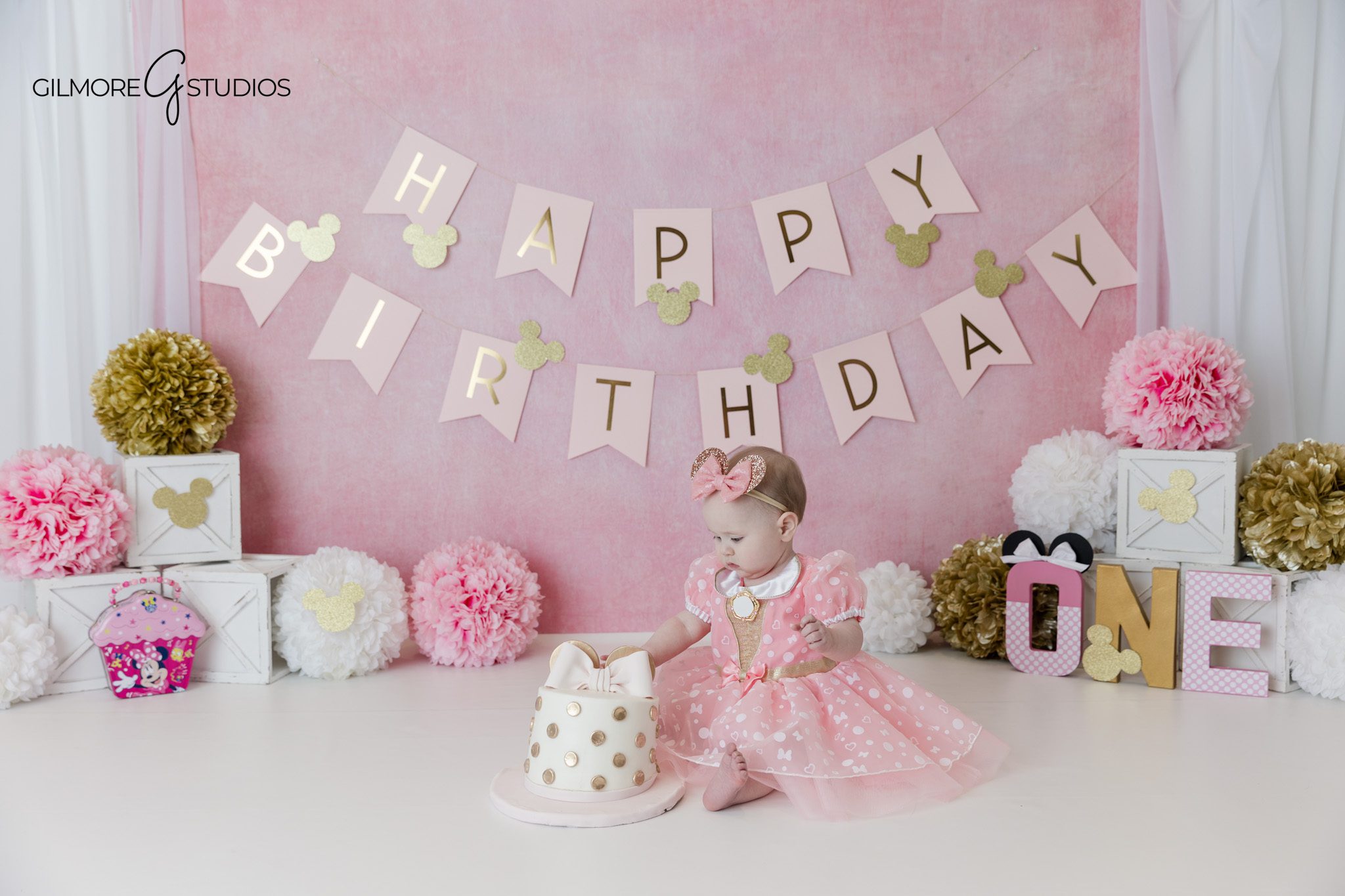 Queen Creek AZ cake smash photographer for pink Minnie Mouse birthday session
Pink Minnie Mouse first birthday cake smash session in Queen Creek AZ